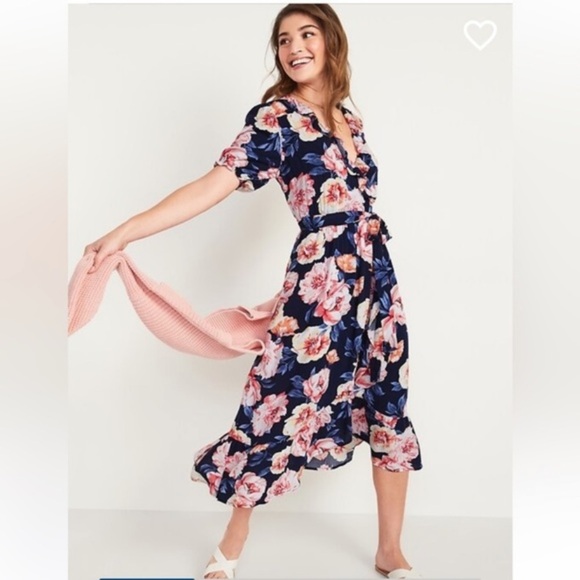 Old Navy Floral Navy Blue and Pink Midi Wrap Dress - Picture 1 of 4